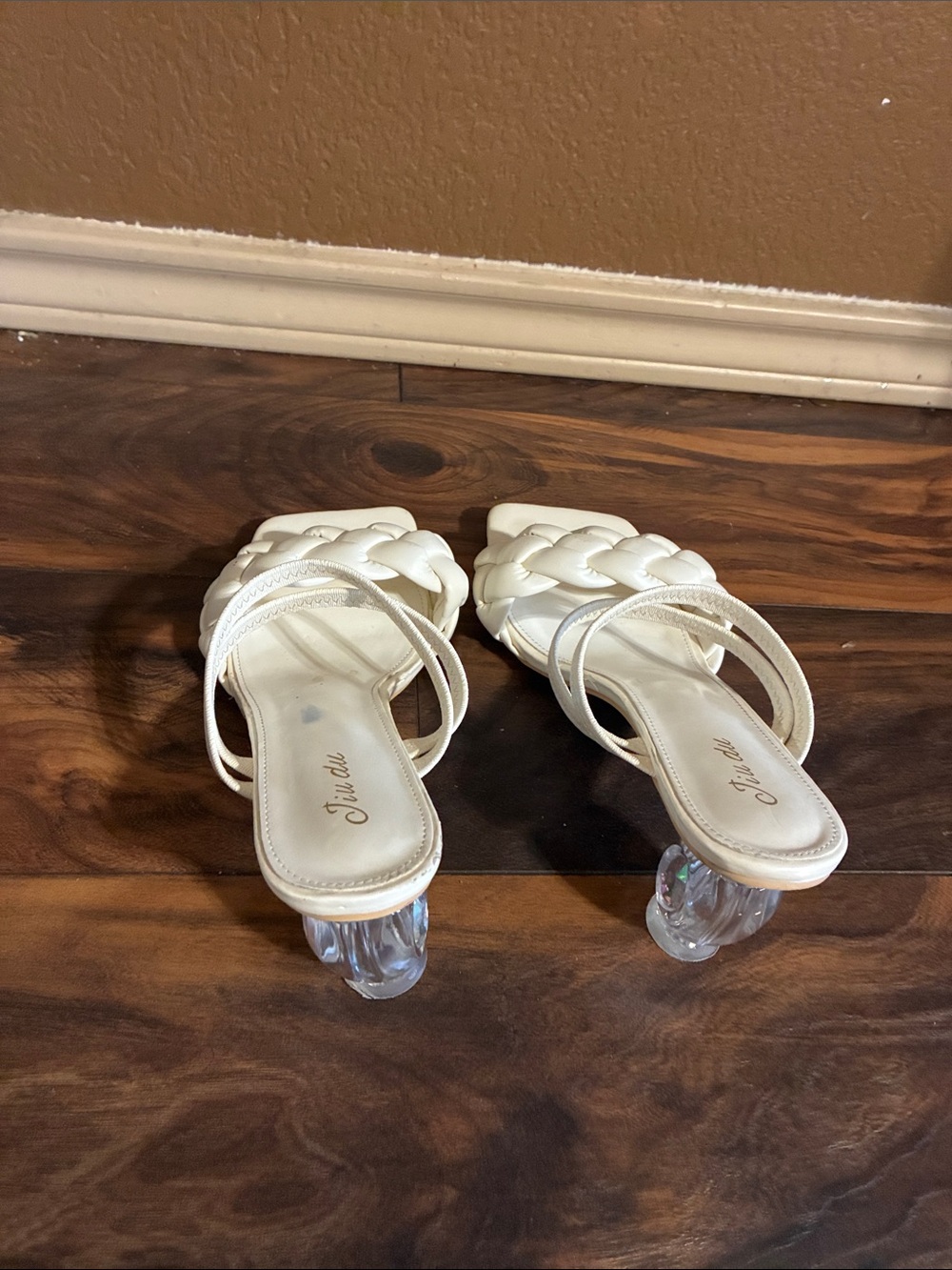 Adore White Braided-Strap Sandals with Clear Sculpted Heels